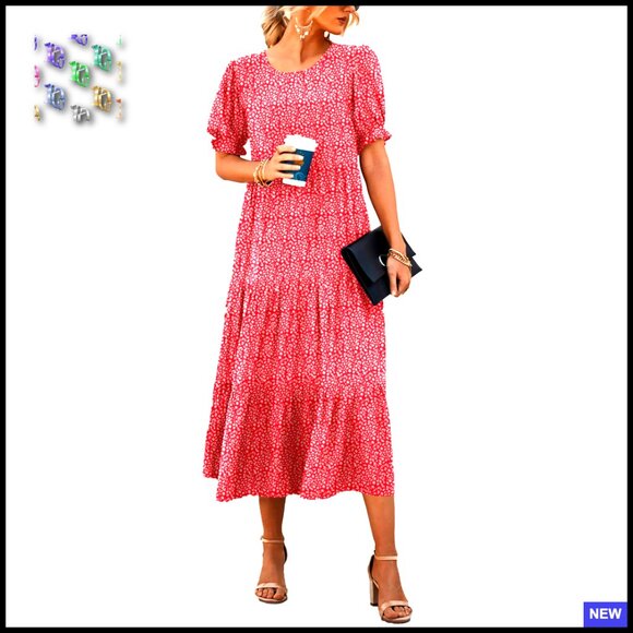 Dresses & Skirts - Floral Boho Midi Dress Casual Summer Puff Sleeve Flowy Beach Vacation Sundress